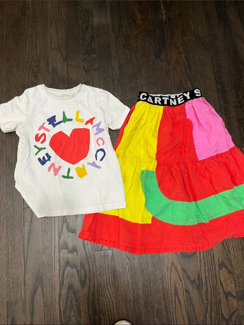 Stella McCartney Kids Multicolor Block Skirt and T set- Red, Yellow, Pink, Green